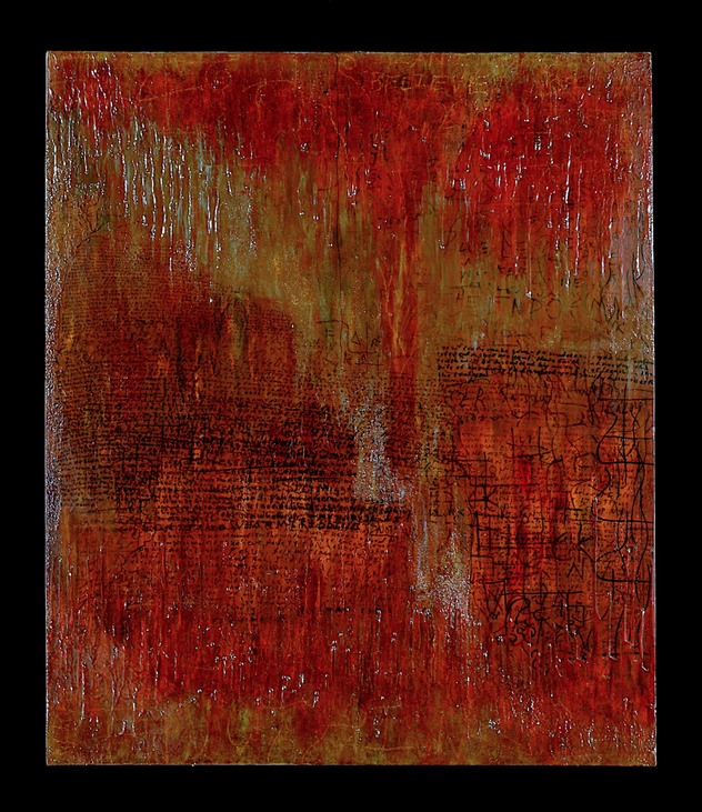 Drew Wood, Aneurysm, 2005, enamel, acrylic, ink writings, encaustic, pumice, garnet, and synthetic resin on canvas, 41"x48"x3"