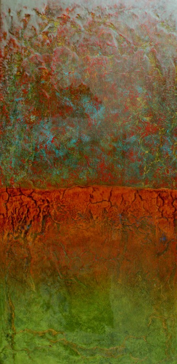 Drew Wood, Being Between, 2008, oil, color-shifting enamel, acrylic, pumice, garnet, and synthetic resin on canvas, 24"x48"x1.5", nfs