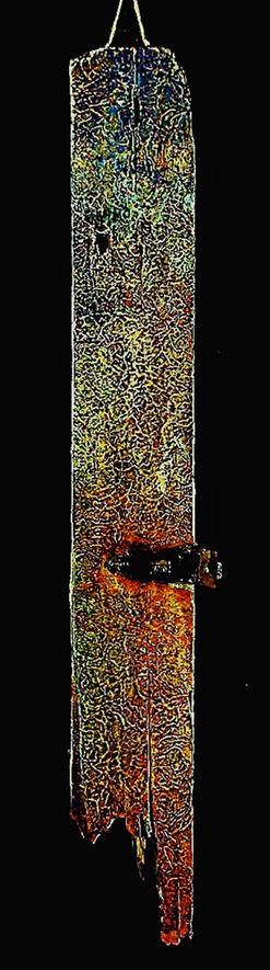 Drew Wood, Golden Mold, 2005, oil, color-shifting enamel, acrylic, and synthetic resin on found wooden cabinet with hinge from a barn in Missouri, 4"x28.5"x1", Lydia Hao Collection