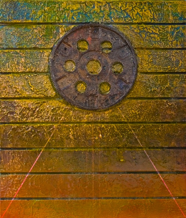 Drew Wood, Karma, 2009, color-shifting enamel, acrylic, found iron gear from Missouri farm, and synthetic resin on found wood, 36"x48"x1", nfs