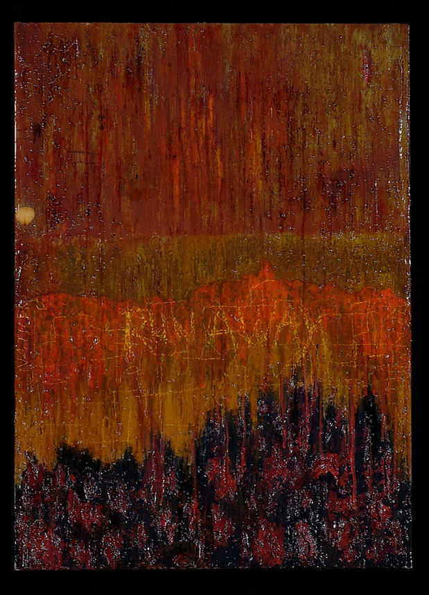 Drew Wood, Layne, 2005, acrylic, Papaver somniferum petal, dirt, encaustic, and synthetic resin on canvas, 36"x49"x2"