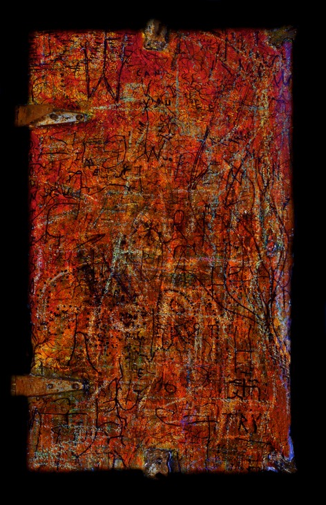 Drew Wood, Pandora's Box, 2007, enamel, acrylic, ink writings, and synthetic resin on artist's childhood wooden horse tack trunk top with original hinges from Missouri farm, 19.5"x33"x5.5", nfs