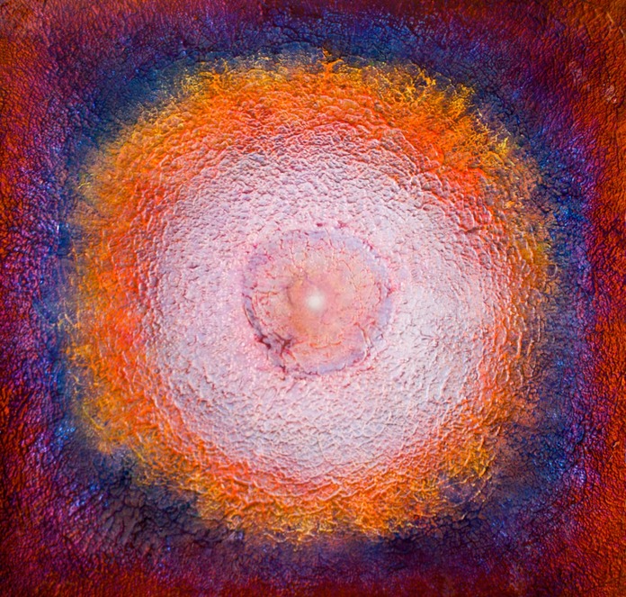 Drew Wood, Retinal Halo 8, 2011, color-shifting and thermal reactive enamel, phosphorus, acrylic, and synthetic resin on canvas, 48"x48"x2"