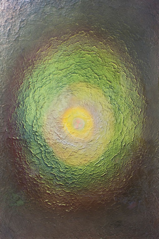 Drew Wood, Retinal Halo 9, 2011, oil, color-shifting and thermal reactive enamel, phosphorus, acrylic, and synthetic resin on canvas, 48"x72"x2", nfs