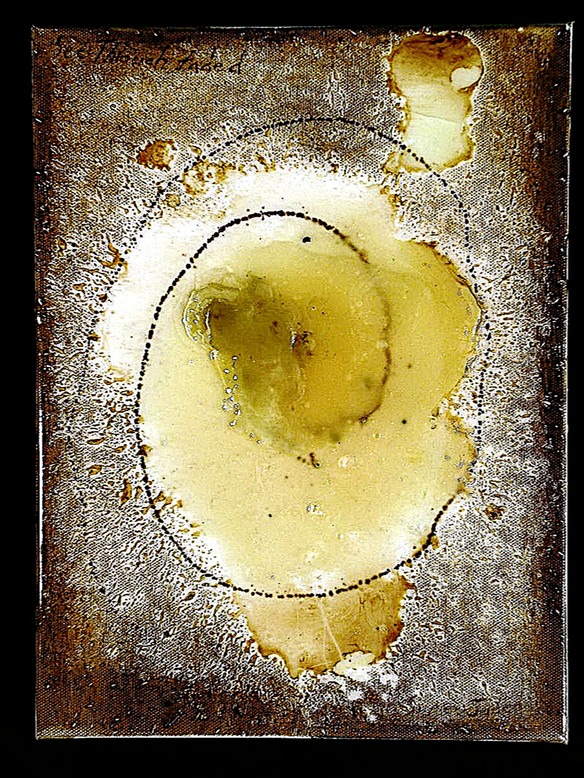 Drew Wood, See Through Faded and Super Jaded, 2003, acrylic, encaustic, artist's blood, ink writings, and synthetic resin on canvas, 9"x12"x1"