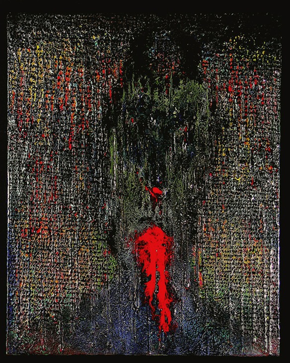 Drew Wood, Self Portrait, 2005, acrylic, ink writings, encaustic, and synthetic resin on canvas, 16"x20"x2"