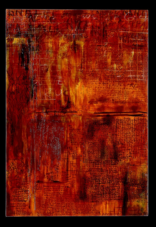 Tourniquet 38x55x2in acrylic,ink writings,encaustic and epoxy resin on canvas 2005 dwa-128 (Hao Collection)