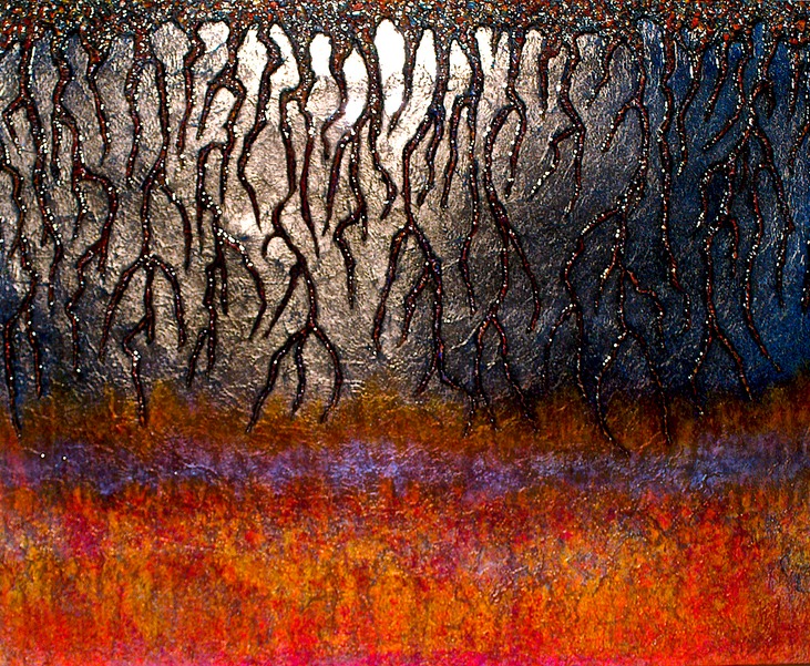 Drew Wood, Visceral, 2007, color-shifting and reflective enamel, acrylic, crushed vinyl from found LP records, and synthetic resin on canvas, 60"x48"x1.5", Greg Cham Collection